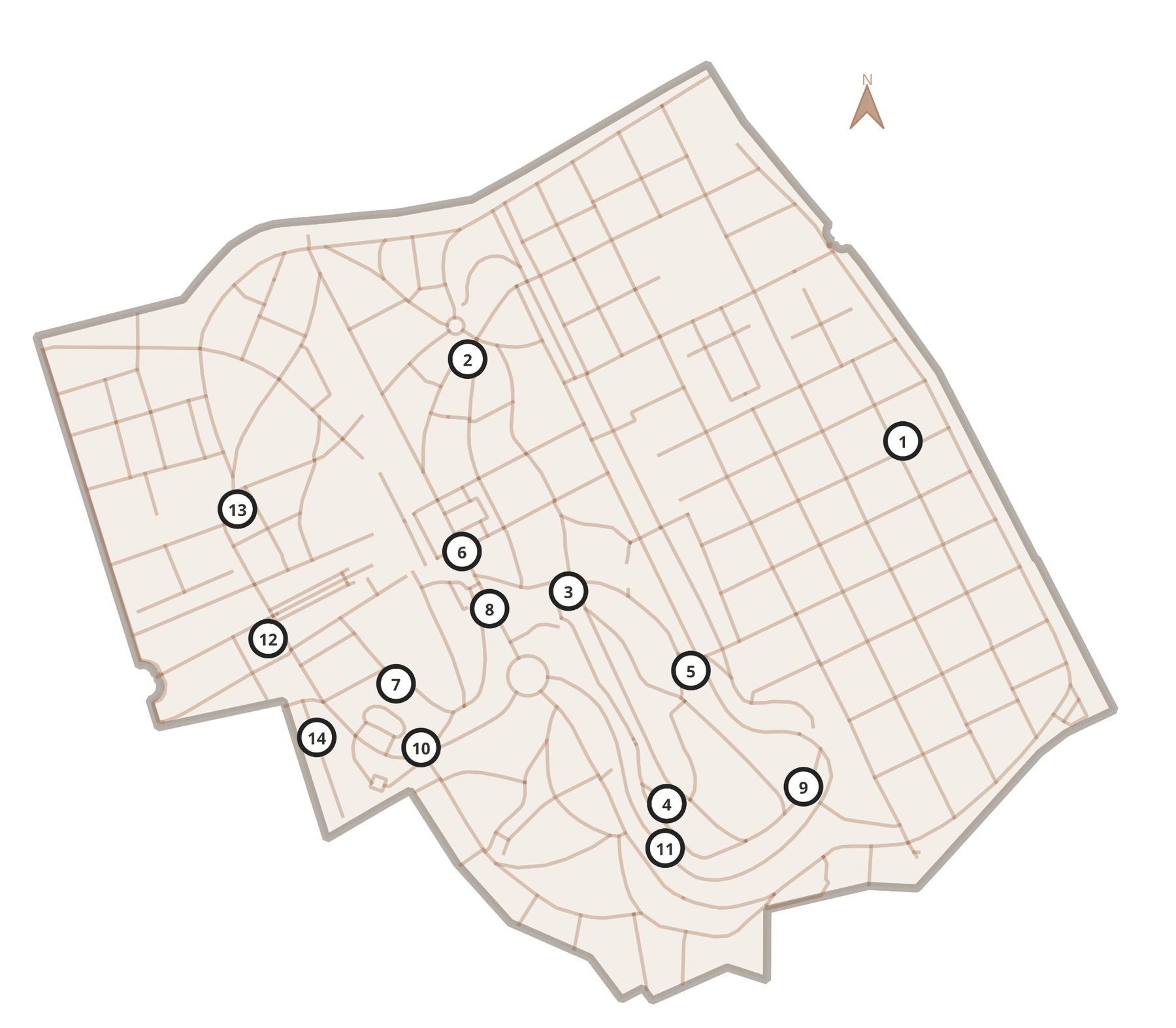 Map of Père Lachaise with fourteen numbered circles marking the graves covered in the book.